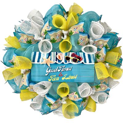 Good Times and Tan Lines Handmade Deco Mesh Summer Wreath. Available in 24 inch and 28 inch diameters.
