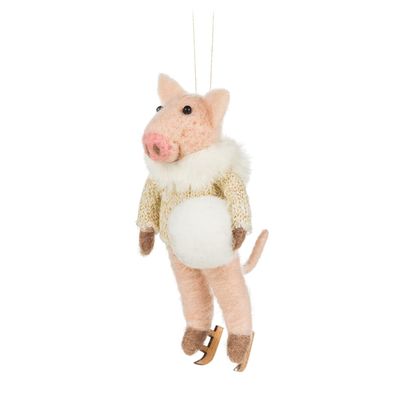 Abbott Collection 27-MERINO-414 Skating Pig with Snowball Ornament, Pink/White