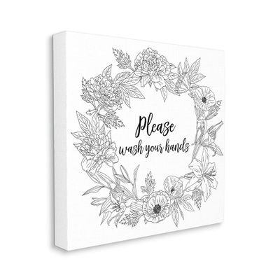 Stupell Industries Please Wash Your Hands Sign Floral Wreath Linework Canvas Wall Art
