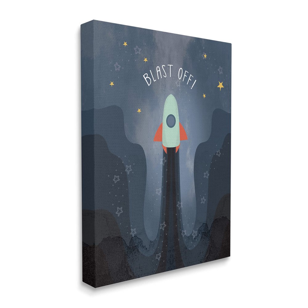 Stupell Industries Blast Off Retro Blue Space Rocket with Stars