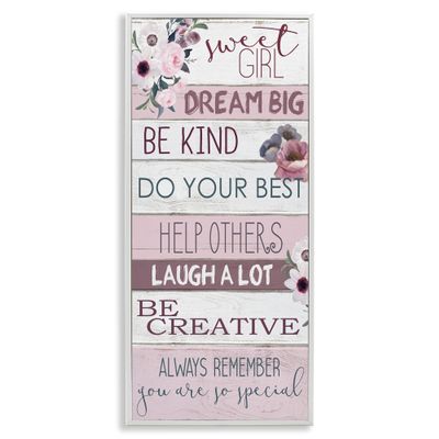 Stupell Industries Sweet Girl Inspirational Phrases Soft Pink Florals, Designed by Kim Allen White Framed Wall Art, 13 x 30