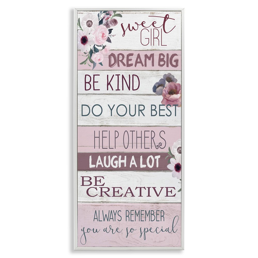 Stupell Industries Sweet Girl Inspirational Phrases Soft Pink Florals, Designed by Kim Allen White Framed Wall Art, 13 x 30