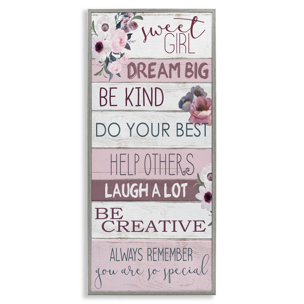 Stupell Industries Sweet Girl Inspirational Phrases Soft Pink Florals, Designed by Kim Allen Gray Framed Wall Art, 13 x 30