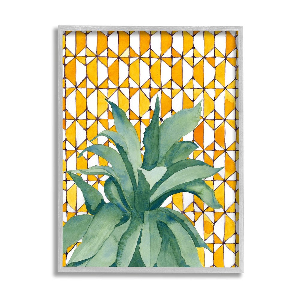 Stupell Industries Tropical Plant Fronds Over Geometric Yellow Pattern