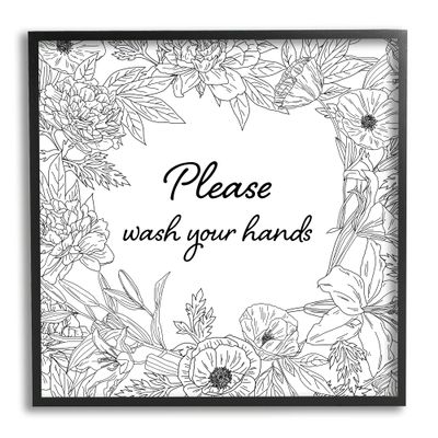 Stupell Industries Wash Your Hands Bathroom Sign Spring Floral Border Framed Wall Art