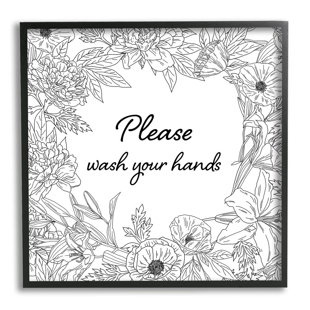Stupell Industries Wash Your Hands Bathroom Sign Spring Floral Border Framed Wall Art