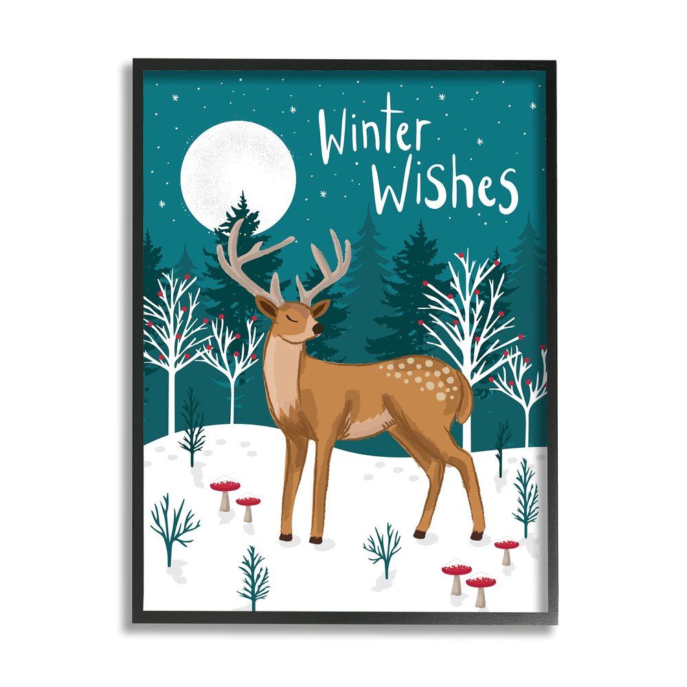 Stupell Industries Winter Wishes Saying Midnight Reindeer Forest Landscape