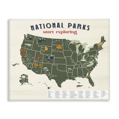 Stupell Industries National Parks Map with Numbered Key United States, Designed by Daphne Polselli Canvas Wall Art, 24 x 30, Green