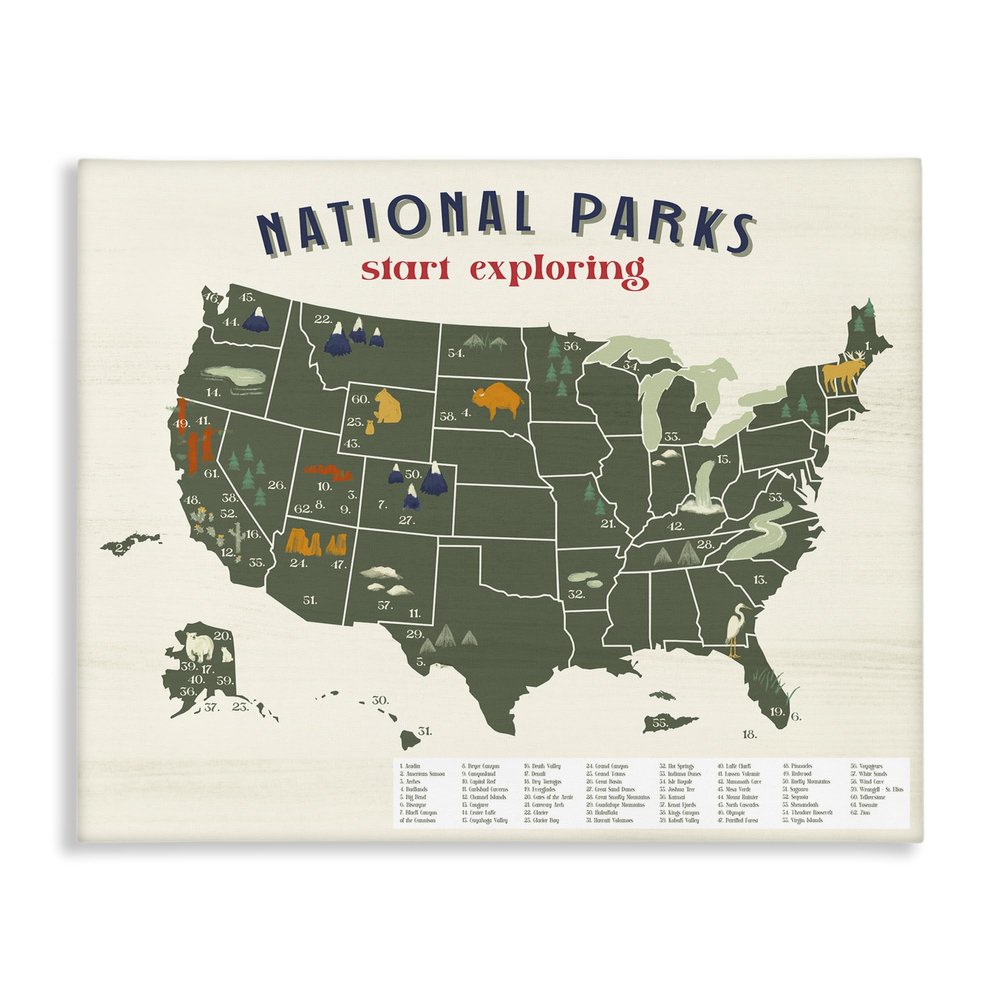 Stupell Industries National Parks Map with Numbered Key United States, Designed by Daphne Polselli Canvas Wall Art, 24 x 30, Green