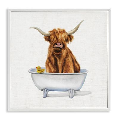 Stupell Industries Shaggy Country Cattle in Bathtub Rubber Duck, Designed by Donna Brooks White Framed Wall Art, 12 x 12, Brown