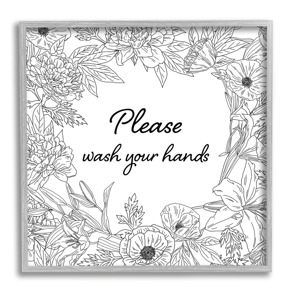 Stupell Industries Wash Your Hands Bathroom Sign Spring Floral Border Framed Wall Art