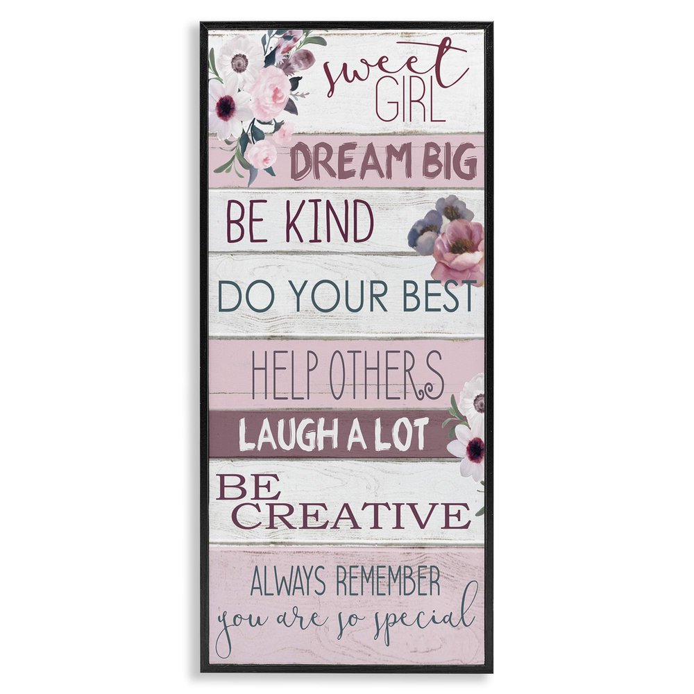 Stupell Industries Sweet Girl Inspirational Phrases Soft Pink Florals, Designed by Kim Allen Black Framed Wall Art, 13 x 30