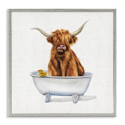 Stupell Industries Shaggy Country Cattle in Bathtub Rubber Duck, Designed by Donna Brooks Gray Framed Wall Art, 12 x 12, Brown