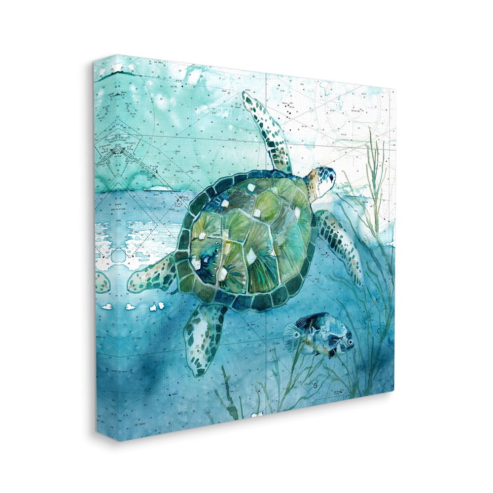 Stupell Industries Sea Tortoise and Fish Over Blue Nautical Ocean Map
