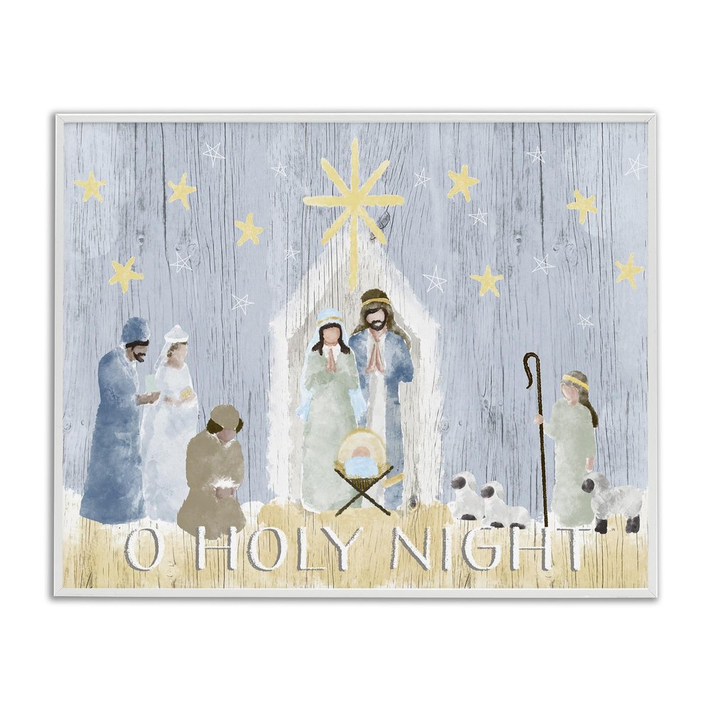 Stupell Industries Nativity Barn Stable Christmas Holiday Rustic Scene, Designed by Andi Metz White Framed Wall Art, 16 x 20, Blue