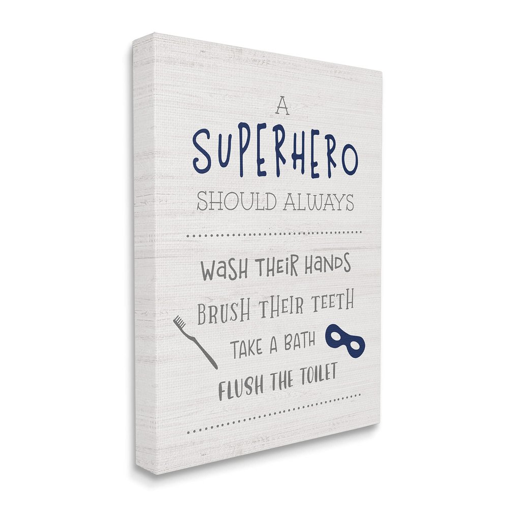 Stupell Industries Superhero Bathroom Rules Good Hygiene Phrases Blue Mask
