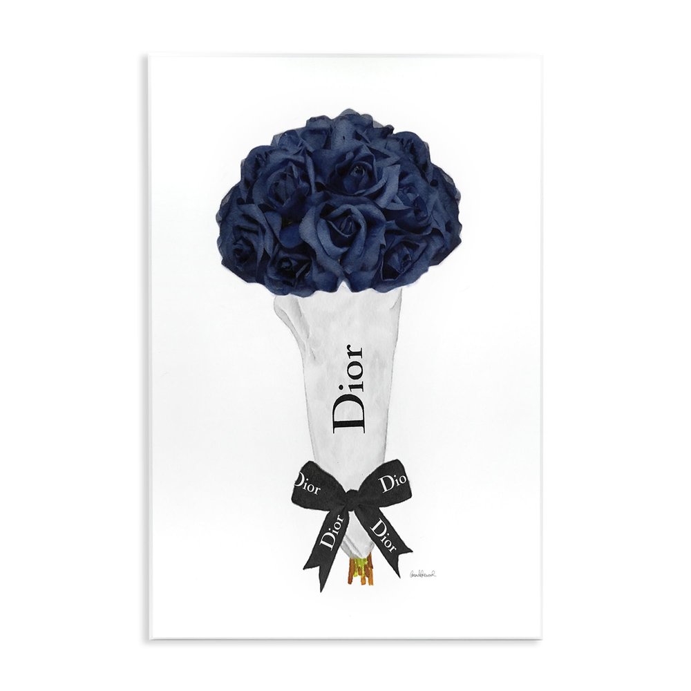 Stupell Industries Blue Rose Floral Bouquet Fashion Glam Bow
