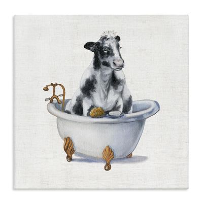 Stupell Industries Dairy Cow in Bathtub Country Farm Animal, Designed by Donna Brooks Canvas Wall Art, 30 x 30, Black
