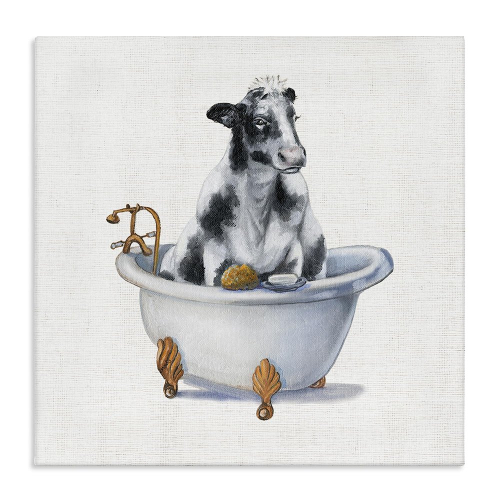 Stupell Industries Dairy Cow in Bathtub Country Farm Animal, Designed by Donna Brooks Canvas Wall Art, 30 x 30, Black