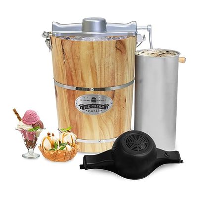Elite Gourmet Old Fashioned 6 Quart Vintage Appalachian Wood Bucket Electric Ice Cream Maker Machine, *Bonus Classic Die-Cast Hand Crank for Churning, Uses Ice and Rock Salt Churns Ice Cream in Minute