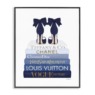 Stupell Industries Navy Blue Bow Heels Chic Glam Bookstack, Designed by Amanda Greenwood Black Framed Wall Art, 16 x 20