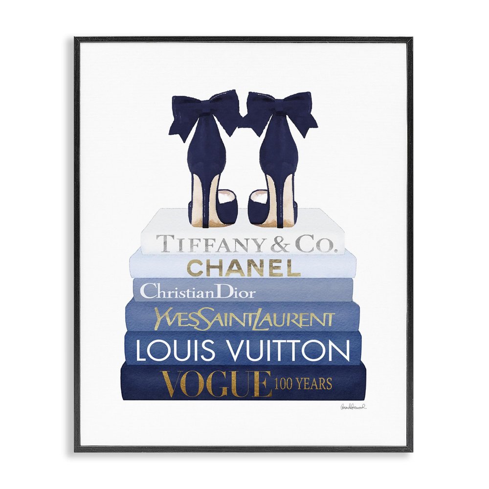 Stupell Industries Navy Blue Bow Heels Chic Glam Bookstack, Designed by Amanda Greenwood Black Framed Wall Art, 16 x 20