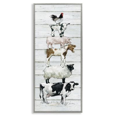 Stupell Industries Country Farm Animal Stack Cow Sheep Pig Rooster, Designed by Carol Robinson Gray Framed Wall Art, 13 x 30, Multi-Color