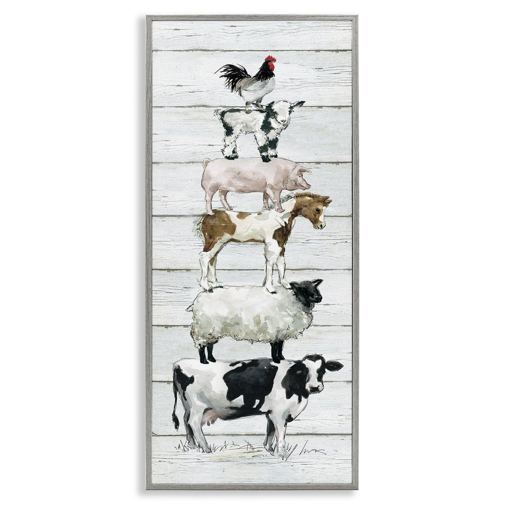 Stupell Industries Country Farm Animal Stack Cow Sheep Pig Rooster, Designed by Carol Robinson Gray Framed Wall Art, 13 x 30, Multi-Color