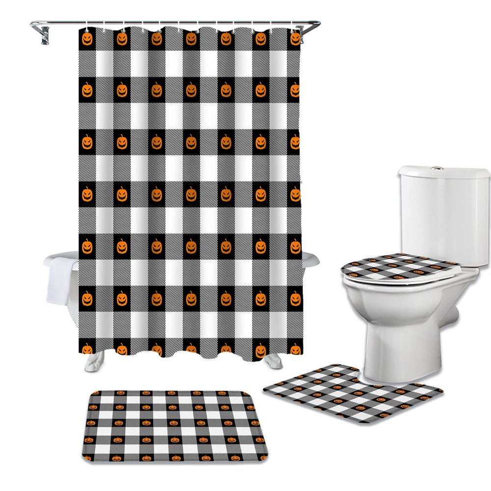 4 Piece Bathroom Mat Sets, Halloween Orange Pumpkins in Retro Black and White Plaid Doormats Decor Shower Curtain Rugs Bath Mat Non-Slip Toilet Seat Cover Bathroom Mat