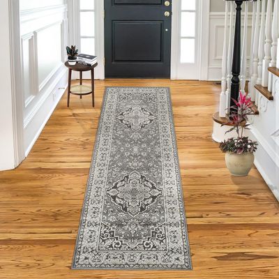 SUPERIOR Indoor Runner Rug, Plush Carpet Cover, Traditional Oriental Medallion, Perfect for Hallway, Entryway, Living Room, Dining, Bedroom, Office, Kitchen, Glendale Collection, 2' 7" x 10', Grey