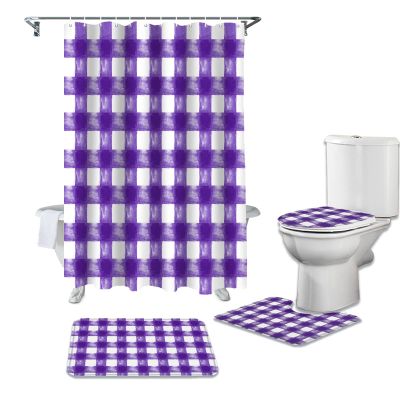 4 Piece Bathroom Mat Sets, Rustic Farmhouse Purple Watercolor Lattice Doormats Decor Shower Curtain Rugs Bath Mat Non-Slip Toilet Seat Cover Bathroom Mat