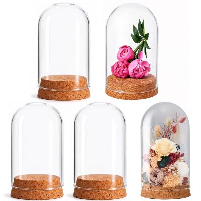 IMIKEYA 5Pcs The Bell Jar Glass Cloche with Rustic Wood Base, Tall Clear Decorative Cloche Glass Dome Display Case for Plants, Curios, Keepsakes, Heirlooms