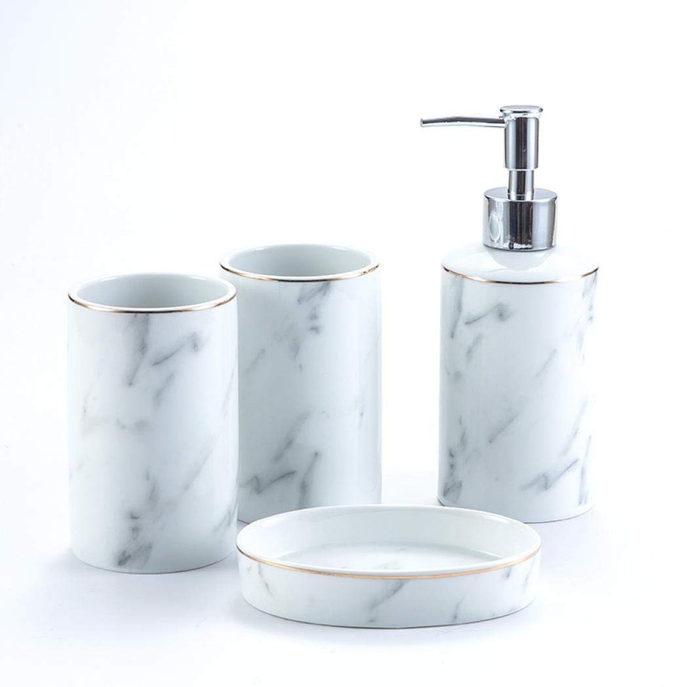 Bathroom Accessories Set4 Pcs Marble Pattern Bathroom Sets Accessories with Soap Dispenser, Toothbrush Holder, Bathroom Tumbler, Soap Dish for Birthday gift, housewarming gift, Home Decoration (F)