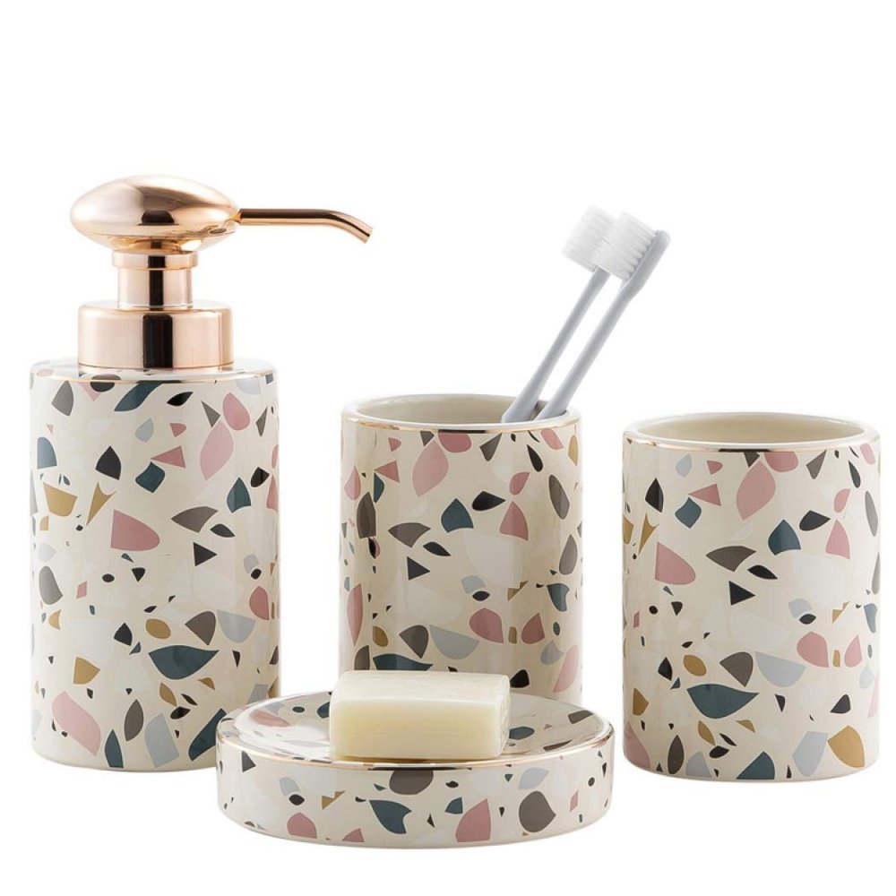 Bathroom Accessories Set4 Pcs Marble Pattern Bathroom Sets Accessories with Soap Dispenser, Toothbrush Holder, Bathroom Tumbler, Soap Dish for Birthday gift, housewarming gift, Home Decoration (I)