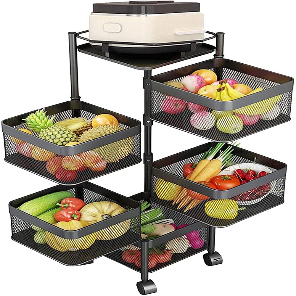 LJYT Storage Rack, Rotating Vegetable Rack, Square Black Multi-Layer Floor-Standing Shelves with Wheels-Rotating Vegetable Rack, Household Storage Rack for Kitchen, Living Room, Bathroomr