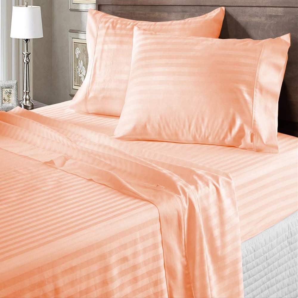 100% Egyptian Cotton 600 Thread Count 6 Pc Bed Sheets-Grand King Size, Deep Pocket Upto 21-24'' Sheet Set,Peach Stripe