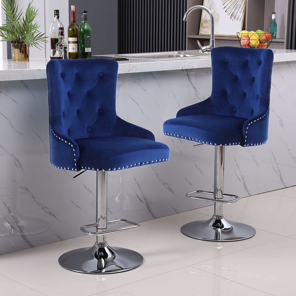 Beaugreen Bar Stools Set of 2, Modern Velvet Bar Chairs with Back, Counter Height Adjustable Swivel Blue Barstools Chairs for Kitchen Island Pub Counter, 18.1" D x 19.1" W x 51.6" H, Deep Blue