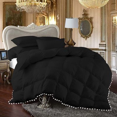 All Seasons 3 Piece Beautiful Looking Pom Pom Box Design Comforter Set 800 Thread Count 100% Egyptian Cotton, White Vintage Pom-Pom Fringe Super Soft (Oversized Super King Size Black Color)