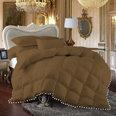 All Seasons 3 Piece Beautiful Looking Pom Pom Box Design Comforter Set 800 Thread Count 100% Egyptian Cotton, White Vintage Pom-Pom Fringe Super Soft (Oversized Super King Size Taupe Color)