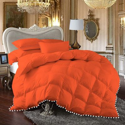 All Seasons 1 Piece Beautiful Looking Pom Pom Box Design Comforter 800 Thread Count 100% Egyptian Cotton, White Vintage Pom-Pom Fringe Super Soft (Full/Queen Size Orange Color)
