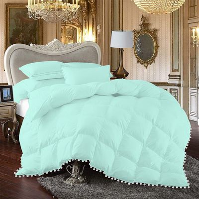 All Seasons 1 Piece Beautiful Looking Pom Pom Box Design Comforter 800 Thread Count 100% Egyptian Cotton, White Vintage Pom-Pom Fringe Super Soft (Full/Queen Size Aqua Blue Color)