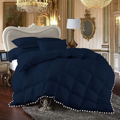All Seasons 5 Piece Beautiful Looking Pom Pom Box Design Comforter Set 800 Thread Count 100% Egyptian Cotton, White Vintage Pom-Pom Fringe Super Soft (Full/Queen Size Navy Color)