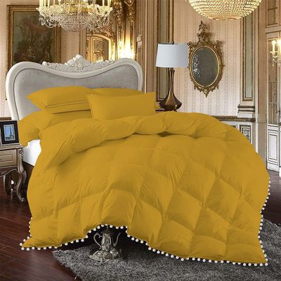 All Seasons 1 Piece Beautiful Looking Pom Pom Box Design Comforter 800 Thread Count 100% Egyptian Cotton, White Vintage Pom-Pom Fringe Super Soft (Full/Queen Size Gold Color)