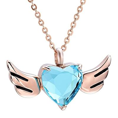 TIANZXS Stainless Steel Cremation urn Necklace Light Blue Birthstone Memorial Ashes Holder Keepsake Heart urn Locket Angel Wings Ashes Rose Gold