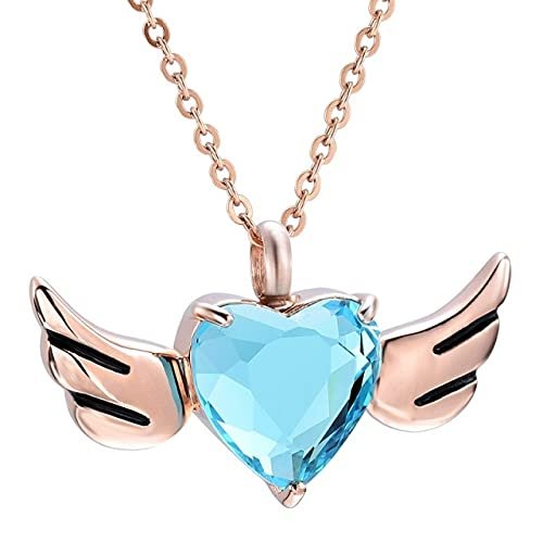 TIANZXS Stainless Steel Cremation urn Necklace Light Blue Birthstone Memorial Ashes Holder Keepsake Heart urn Locket Angel Wings Ashes Rose Gold