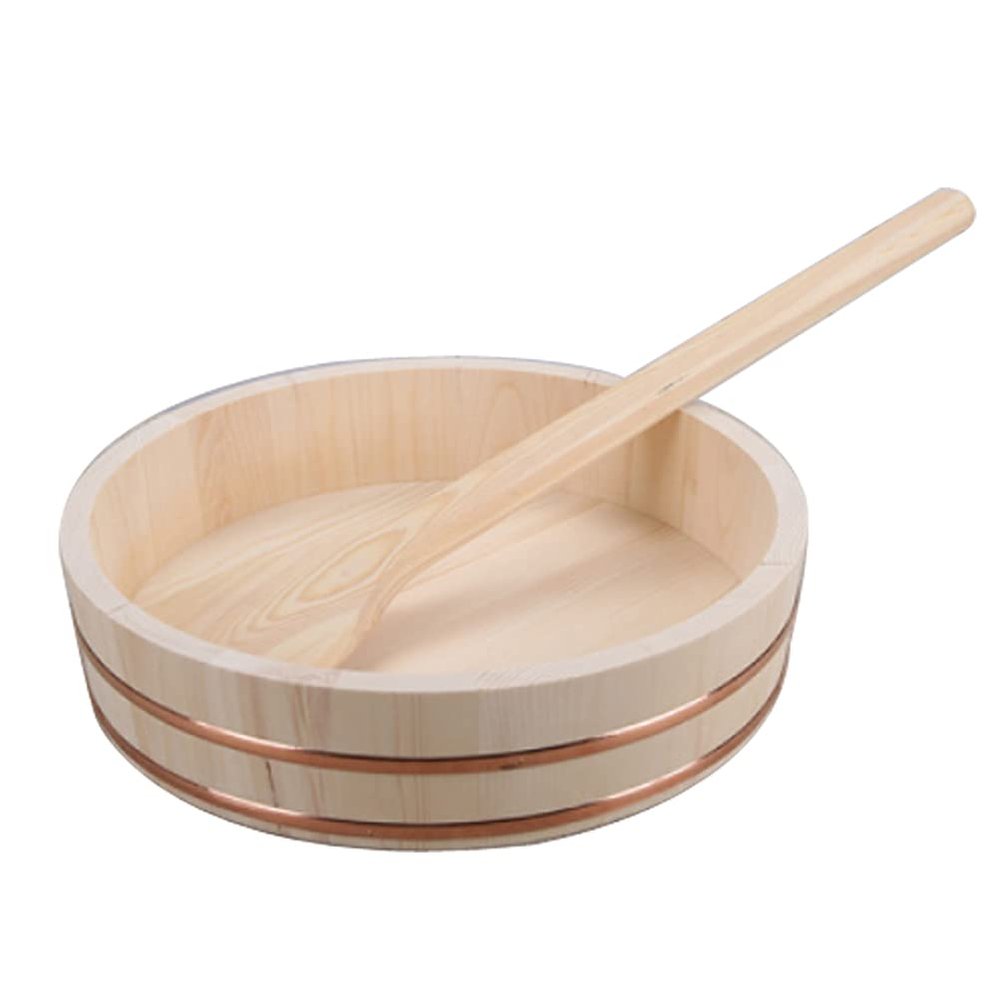 12 Sizes Wooden Hangiri Sushi Oke Rice Mixing Bowl Tub Sushi Making Service Kit with Copper Banding and Rice Paddle Scoop - White Pine Wood,45x11cm