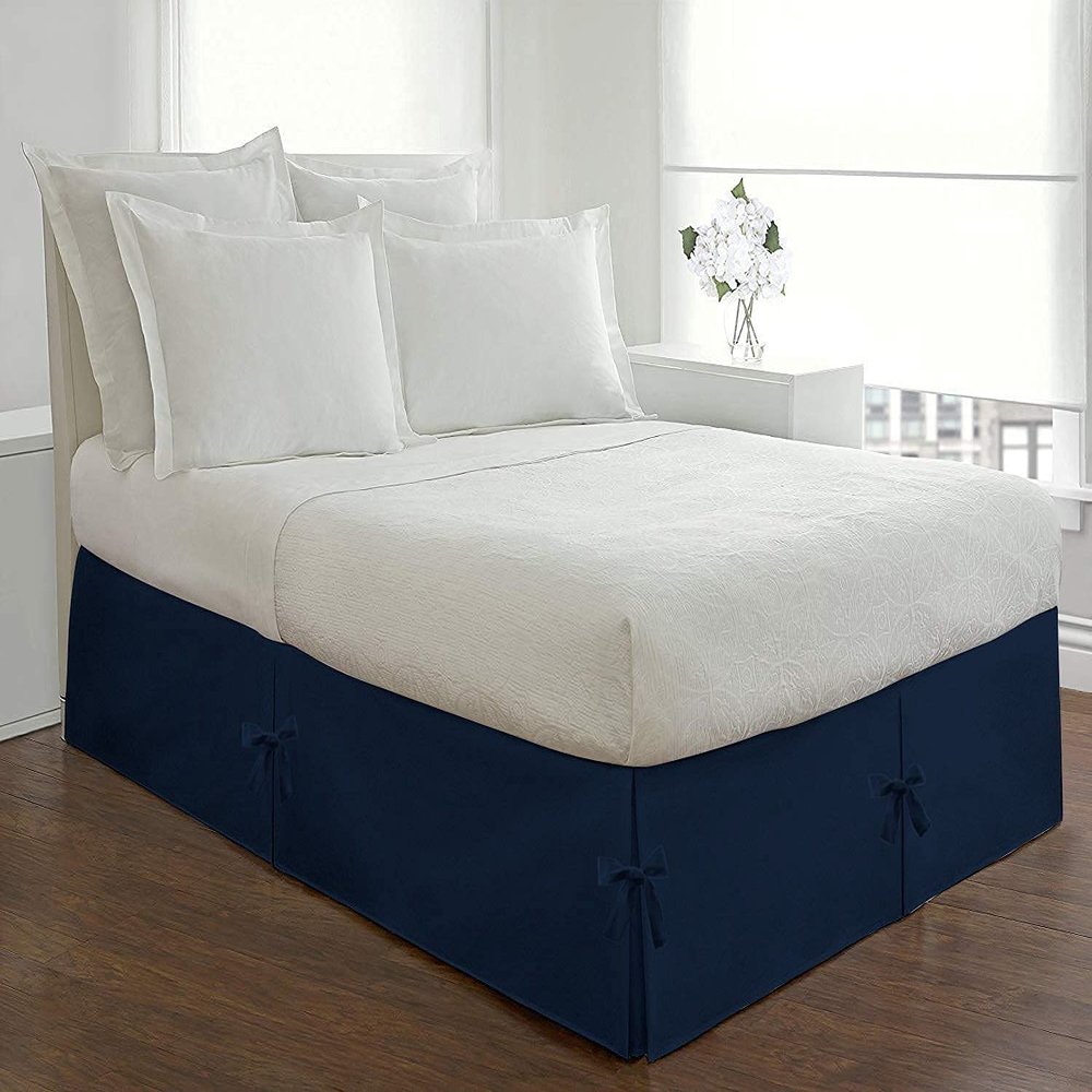 1 Piece Split Corner Tie Bed Skirt, 15 Inch Drop Length 800 Thread Cotton 100% Egyptian Cotton, Easy Fit & Fade Resistant, California King Size (72" x 84") Inch, Solid Navy Blue
