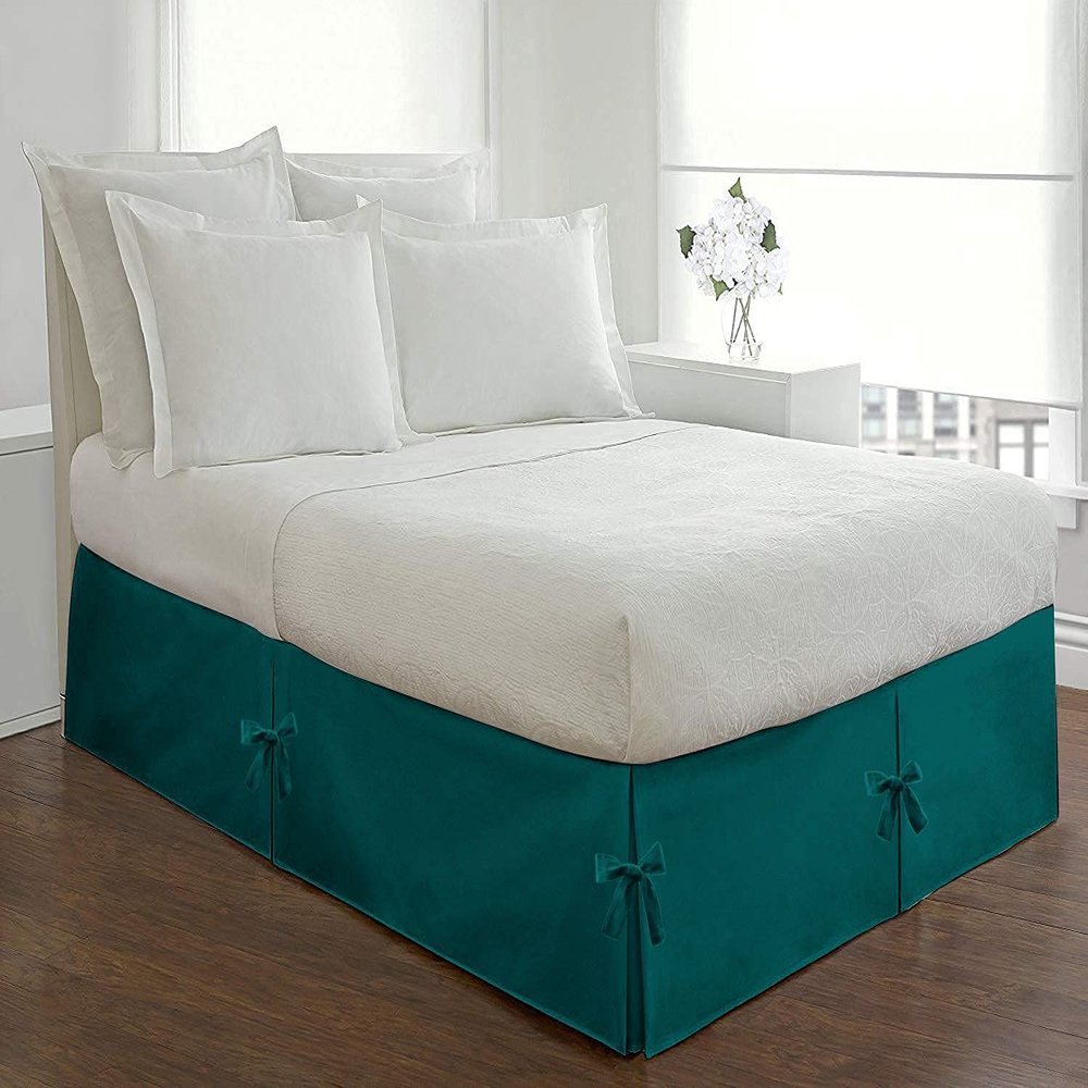 1 Piece Split Corner Tie Bed Skirt, 15 Inch Drop Length 800 Thread Cotton 100% Egyptian Cotton, Easy Fit & Fade Resistant, Full Size (54" x 75") Inch, Solid Teal