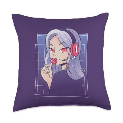 Anime is Life Anime Gamer Girl with Headset & Lollipop | Cute Graphic Throw Pillow, 18x18, Multicolor