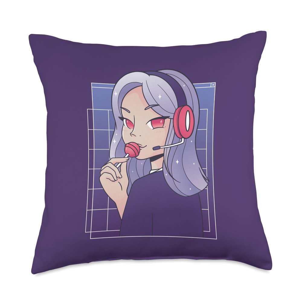 Anime is Life Anime Gamer Girl with Headset & Lollipop | Cute Graphic Throw Pillow, 18x18, Multicolor